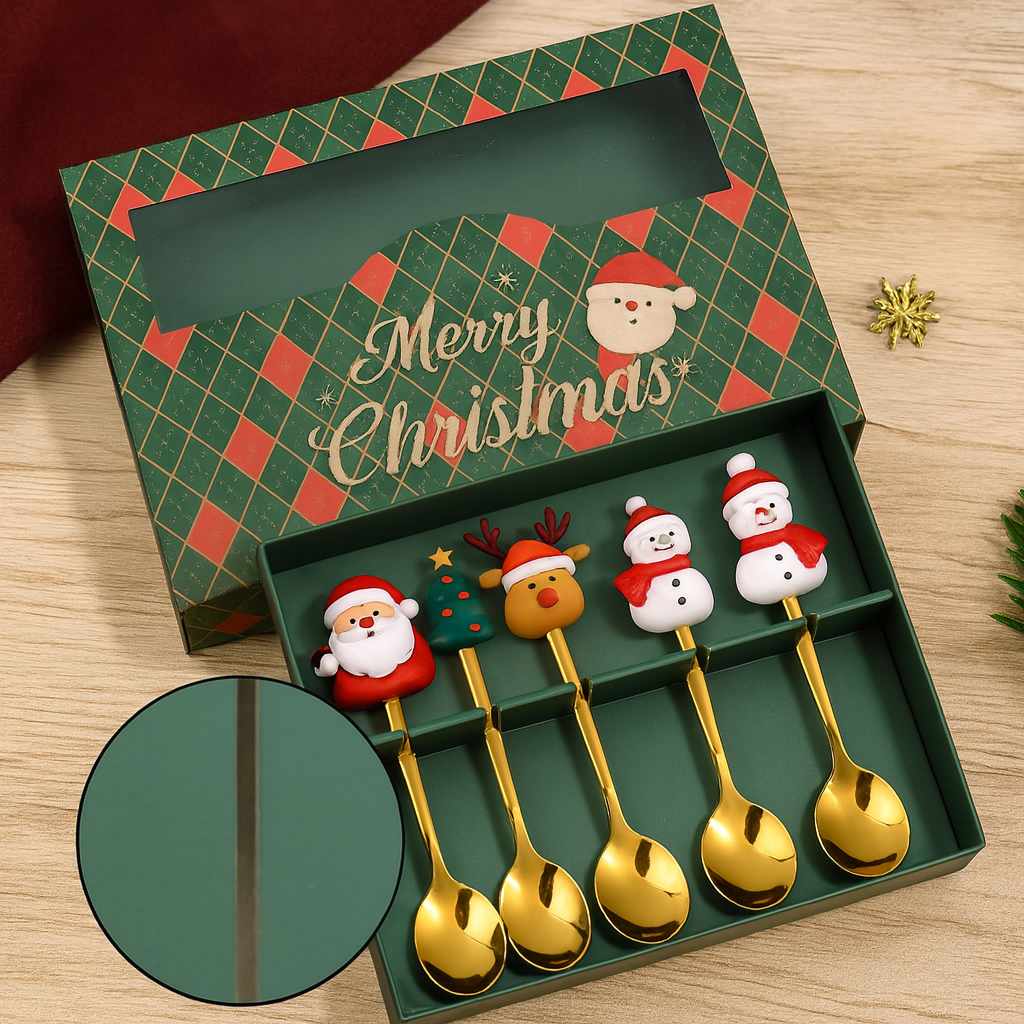 Coffret 6 Couverts à Dessert Dorés – Édition Noël – Boîte Cadeau Premium