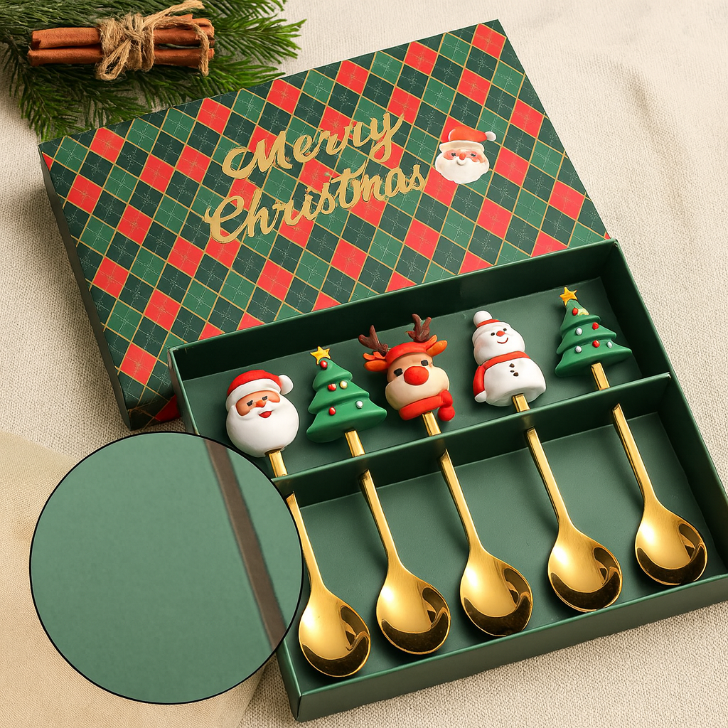 Coffret 6 Couverts à Dessert Dorés – Édition Noël – Boîte Cadeau Premium