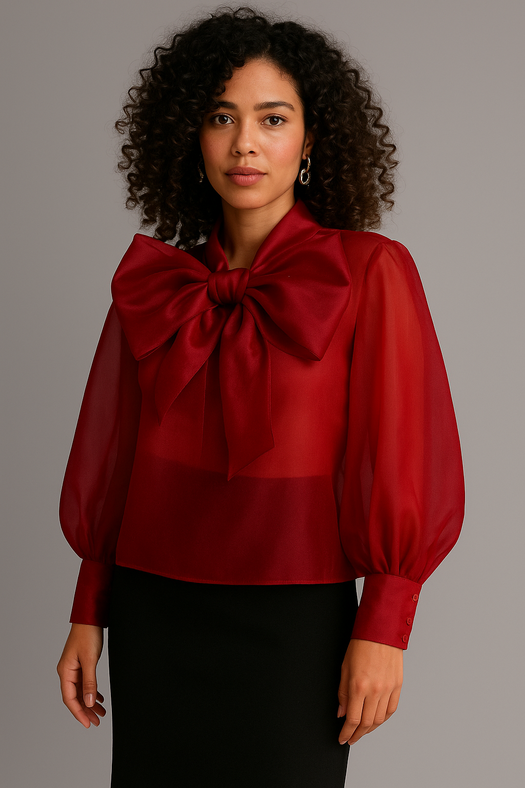Chemise rouge transparente chic – détail grand nœud devant