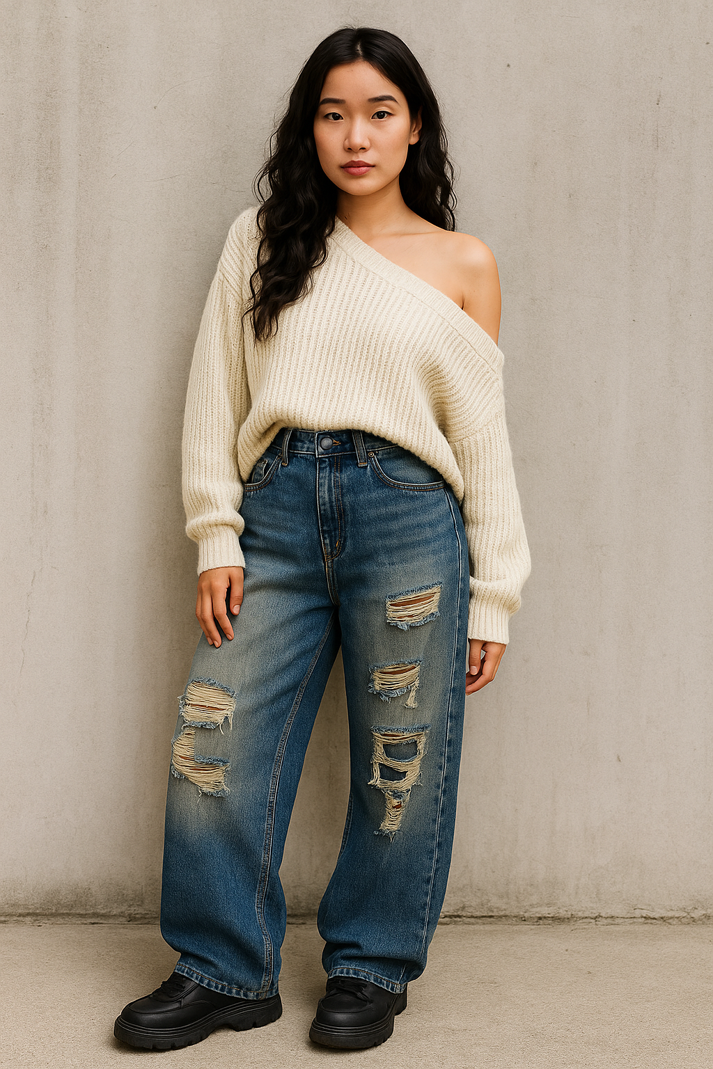 Jean femme large taille haute destroy en denim délavé – vue face, coupe ample