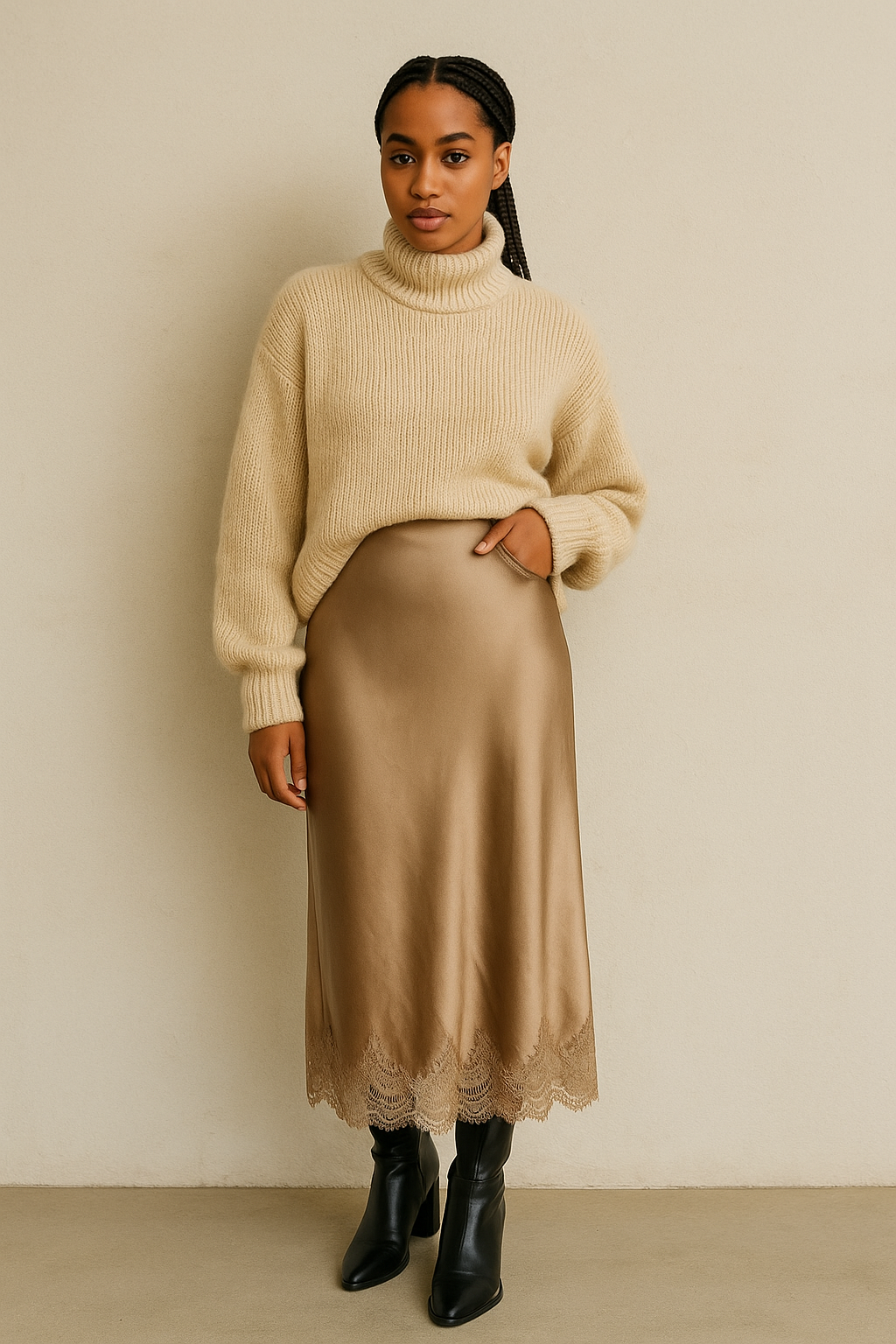 Jupe satin longue femme taille haute avec bord dentelle – couleur champagne