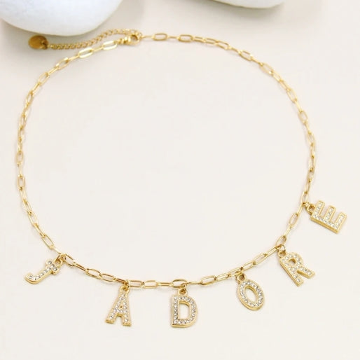 Collier “J’ADORE” en Acier Inoxydable – Chaîne Maille & Lettres Strassées | Bijou Tendance Femme